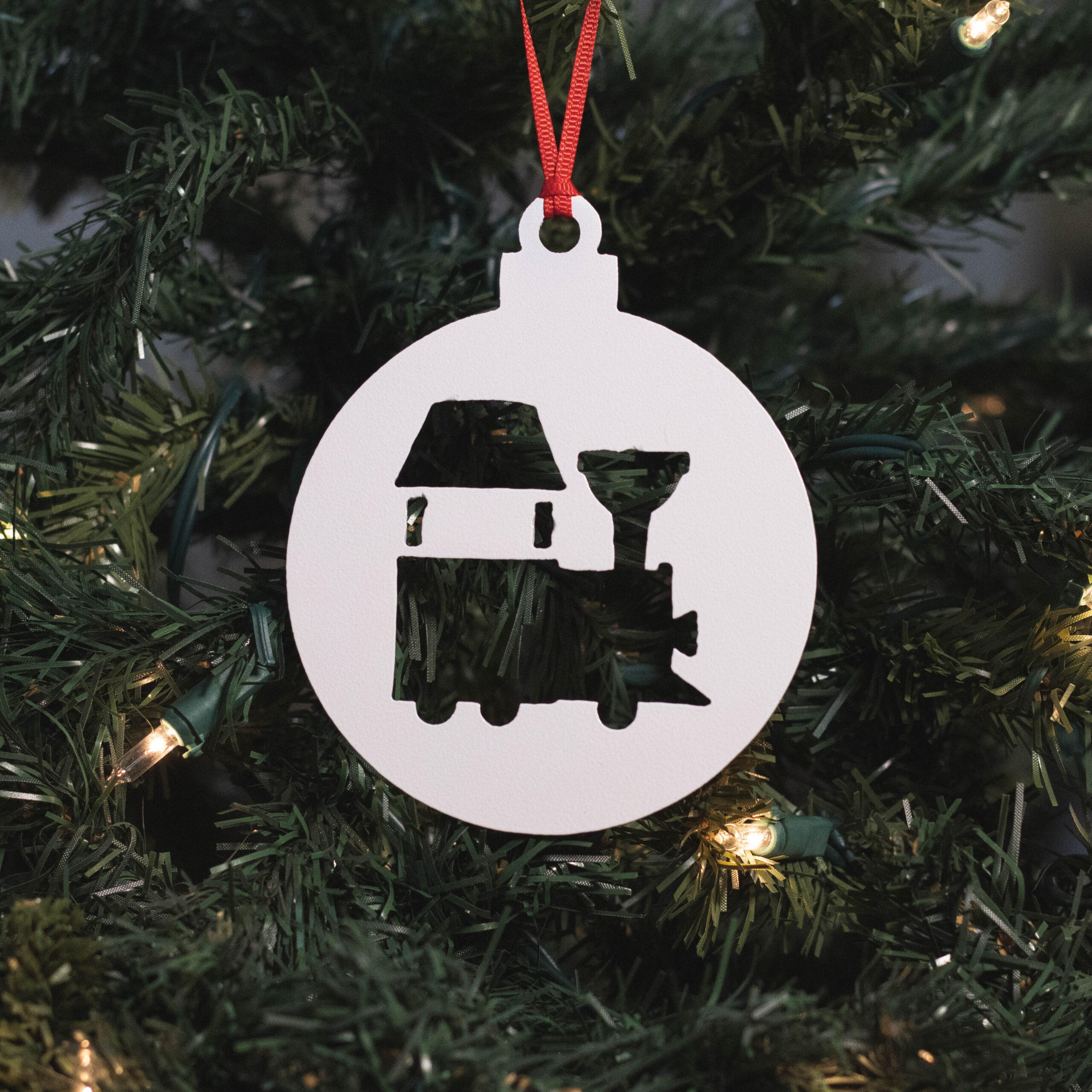 Round Train Ornament - White